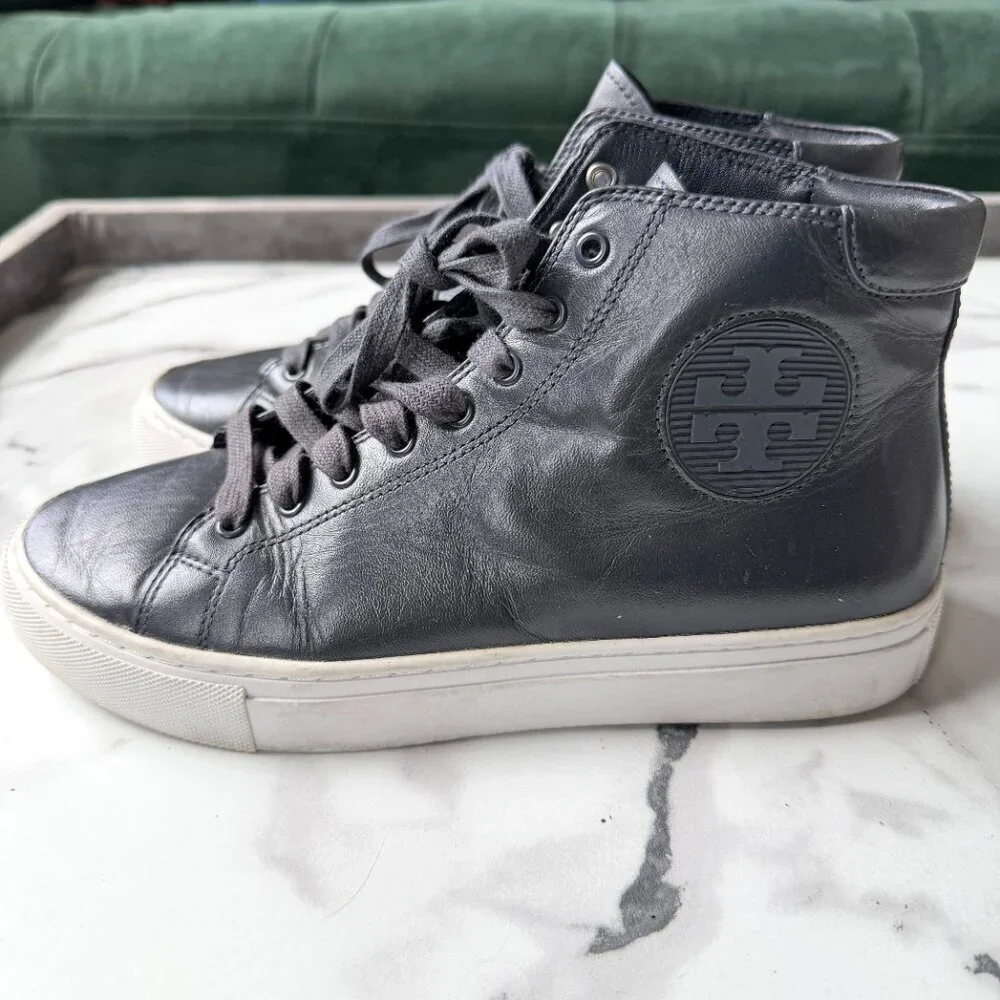 Tory Burch Nola Navy Leather High Top Sneakers Size 6.5